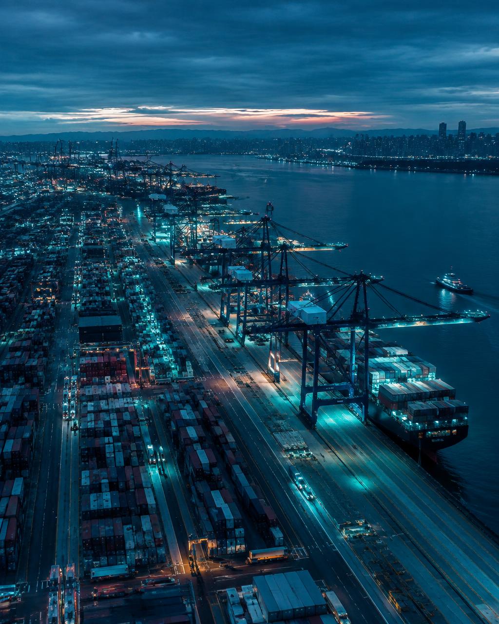Vista aérea de um porto de contentores ao entardecer