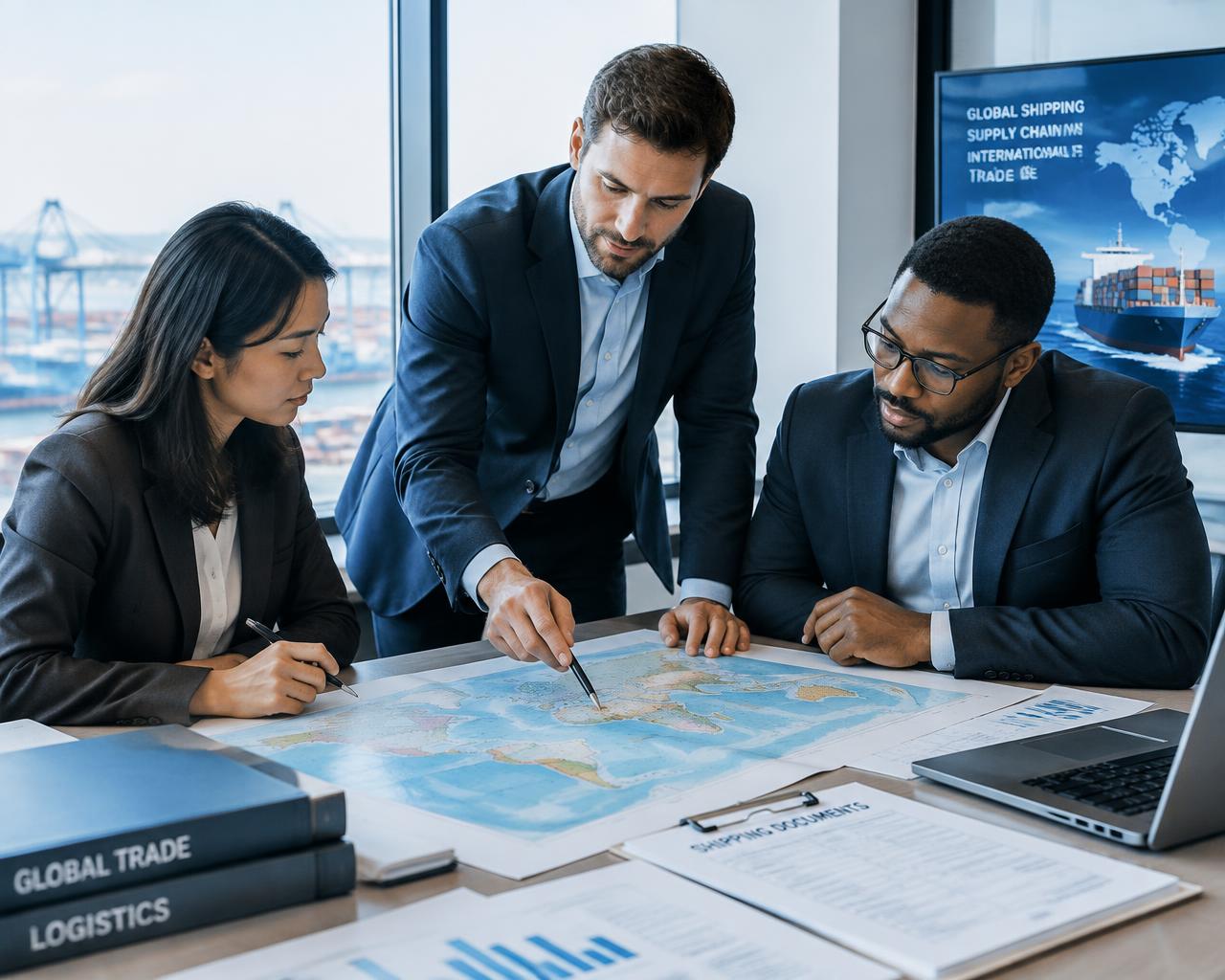 Equipa da VMQ Services a analisar rotas e documentação de frete